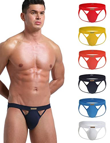 KAREN SPACE Cotton Underwear Jockstraps for Men, Men's Sports Thong, F1-white/Red/Blue/Yellow/Navyblue/Orange, L