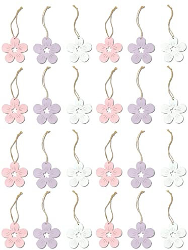 DARO DEKO Holz Dekohänger Blüten 24 Stück 7cm mit Jute Kordel Anhänger Blumendeko Holzblume Blumenhänger