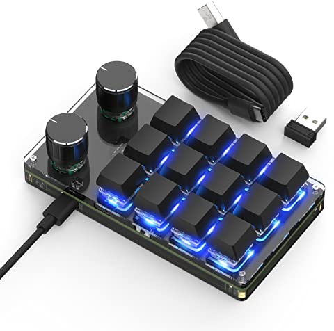 BRIMFORD Mechanische Mini Makro Tastatur - Kabellos, Programmierbar, Hot-Swap Gaming Keyboard mit RGB Beleuchtung, 2.4G & Bluetooth für Gamer, Programmierer, Büro (Schwarz, 12 Tasten/2 Knöpfe)