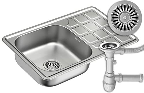 QUADRON Évier en acier inoxydable moderne | Taille 50 x 80 x 20 cm Couleur: Satiné | LOUIS évier simple | Evier de cuisine 1 bac | Ecoulement inclus | Evier en inox s'adapte à un meuble de 50 cm