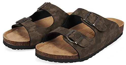 PERLETTI Ciabatte Estive Uomo Doppia Fibbia - Ciabatta Estate Mare da Casa Comode Leggere Regolabili - Pantofole Comfort Quattro Stagioni Soletta Vera Pelle Fantasia Mimetica (Marrone Camouflage, 44)