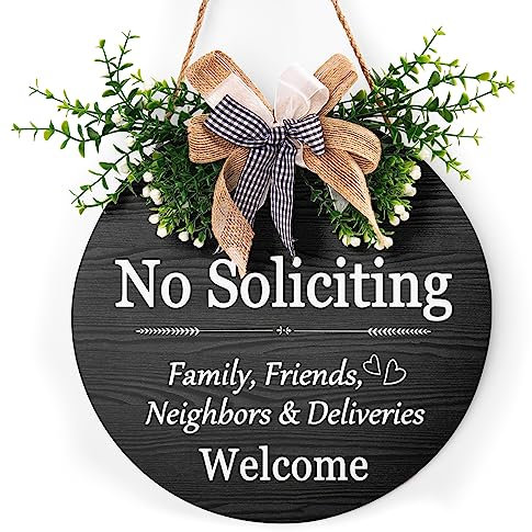Panneau amusant « No Soliciting » pour couronne de maison, panneau de bienvenue pour porte d'entrée, inscription « No Soliciting Family Friends Neighbors Welcome » - 30,5 x 30,5 cm - Décoration ronde