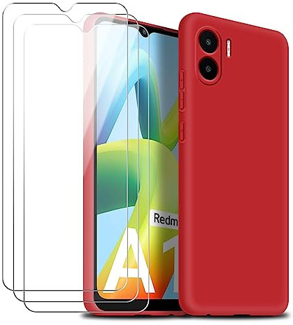 Funda para Xiaomi Redmi A1 / A2 con Tres Cristal Templado Protector de Pantalla, Rojo Suave Silicona Protectora Carcasa para Xiaomi Redmi A1 / A2 6.52