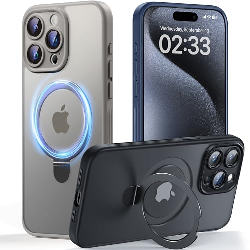 JUESHITUO Vstand Serie für iPhone 15 Pro Hülle für MagSafe (Mit Integrierter Kameraschutz) [Unsichtbarer Ständer] Stoßfest Kratzfest Matte Handyhülle iPhone 15 Pro Case Titan Natur- 6,1