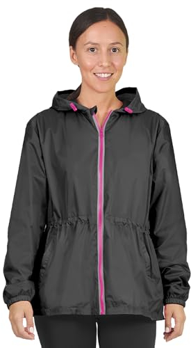 PERLETTI Veste Femme Impermeable à Capuche Détails Réfléchissants - Poncho Pluie Fille Coupe Vent Sport Running Pliable - Manteau Femme Hiver Léger Résistant - Veste de Pluie Neige Fluo (Noir, L)