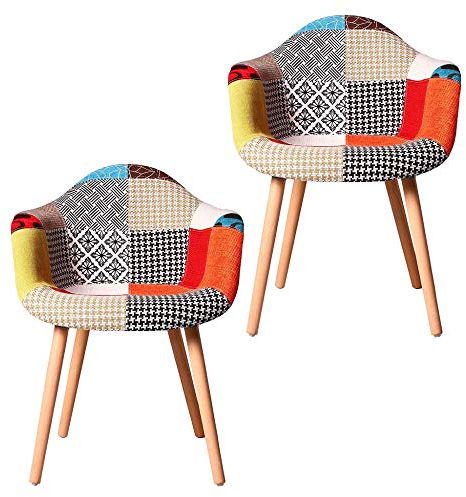 Esszimmerstühle mit Massivholz-Bein, mit Leinen-Sesseln mit Patchwork-Druck, Küchenstuhl, Wohnzimmerstuhl, Retro-Design, 2 Stück