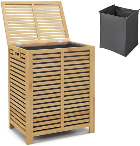 RELAX4LIFE Bamboo Laundry Basket, 80L Large Laundry Hamper with Lid & Handles, Removable Liner Bag, Freestanding Storage Laundry Clothes Bin for Bathroom, Living Room, Bedroom (Wide Slats)