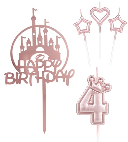 Happy 4th Birthday Candles Cake Toppers, Pink Castle Cake Topper, Crown Number 4 Candle for Cake, Pink Cake Candle Cake Cupcake Topper for Girls Baby Birthday Party 4th Wedding Anniversary Decorations