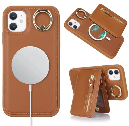 ELTEKER Handyhülle für iPhone 11 Hülle mit Kartenfach Magnetischer Abnehmbarer Kartenhalter Ringhalter Reißverschlusstasche - Braun