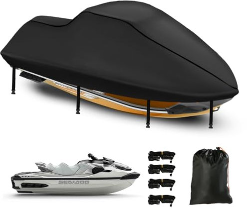Funda de Jet Ski 420D Impermeable, Funda de Jet Ski 3 Asiento, con 2 Orificios de ventilación, Resistente a los Rayos UV, Compatible con Kawasaki, Seadoo, Waverunner Polaris, 291-318cm