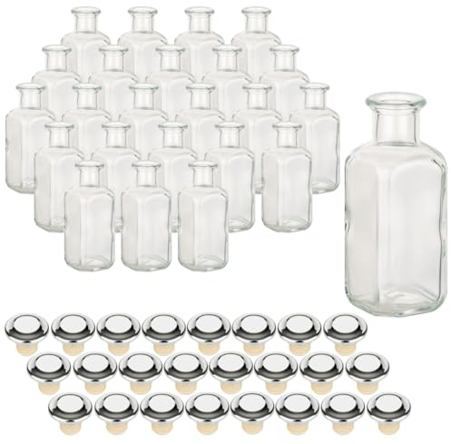 gouveo 24er Set Glasflaschen 100 ml Apotheker Design eckig mit Korken (HGK) silberfarben - Kleine 0,1 l Flasche aus Glas für Likör, Öl, Essig, Deko