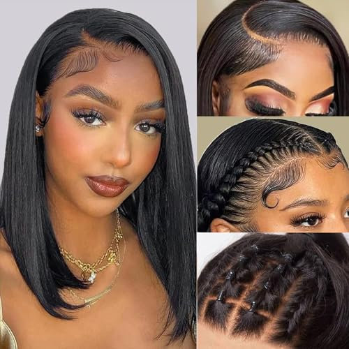 Lace Front Bob Perücke - 13X4 Brasilianisches Echthaar, 150% Dichte, Kurz Gerade, HD Transparent, Natürliche Farbe, 8 Zoll