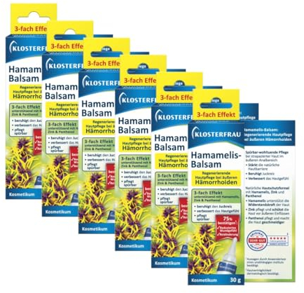 Klosterfrau Hamamelis-Balsam | Regenerierende Hautpflege bei äußeren Hämorrhoiden | 6 x 30g | 3-fach Effekt unterstützend mit Hamamelis, Zink und Panthenol