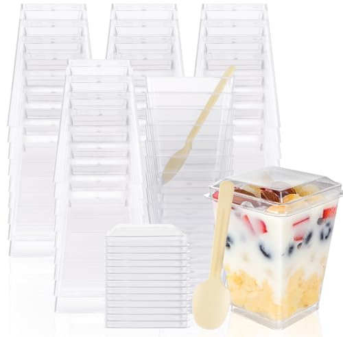 FWEEK 100PCS 160ml/5oz Dessert Cups with Lid, Clear Plastic Cups with Lids, Reusable Dessert Cups with Spoons for Party, Wedding