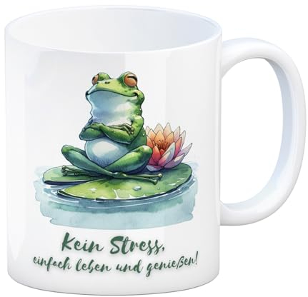 Frosch auf Seerose Kaffeebecher mit Spruch Kein Stress einfach leben und genießen Frosch auf Seerose Kaffeebecher mit Spruch Kein Stress Lustiger Frosch sitzend am See