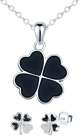 MICMIF Silberschmuck Set für Damen Schwarzes Kleeblatt Ohrringe und Halskette für Frauen Mädchen 925 Sterling Silber Ohrstecker Klee und Kette Anhänger Kleeblatt Set Schwarz