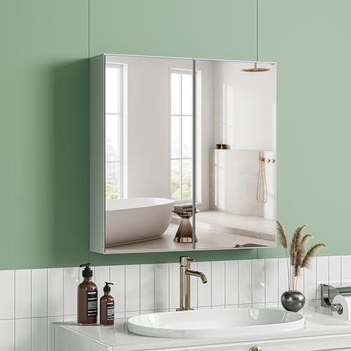 Dripex Bathroom Mirror Cabinet Double Door, Wall Mounted Storage Cupboard, Wall Cabinet with Mirror for Bathroom with Adjustable Shelf, White, 60 x 60 x 12cm