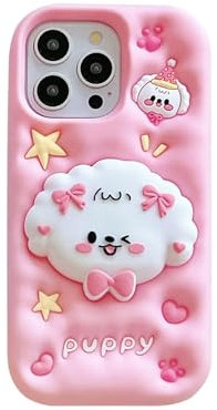 CrazyLemon für iPhone 13/14 / 15 Silikon Hülle, 3D Zeichentrick Charakter Ständer Weiche Silikon Gummi Cooler Spaß Teenager Kind Schutzhüll Hüllen Cases - Welpe Rrosa