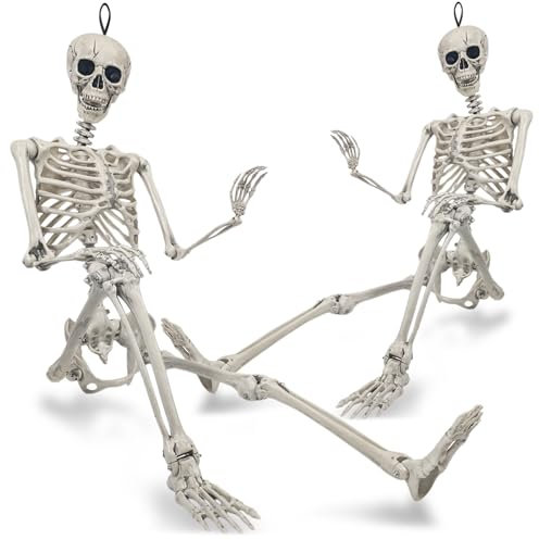 com-four® 2X Deko-Skelett 160cm für Halloween - XXL-Gerippe aus Kunststoff zum Hängen - lebensgroßes Knochengerüst mit Grusel-Faktor für Halloween, Fasching, Mottopartys (XXXL - 2 Stück - 160cm)