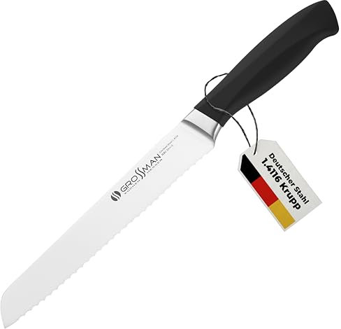 GROSSMAN® 009HC | Brotmesser 33,0 cm | Ultrascharfer Küchenmesser | Deutschem Edelstahl Klinge 19,2 cm | mit Ergonomischen Griff 13,8 cm (165 Gramm)