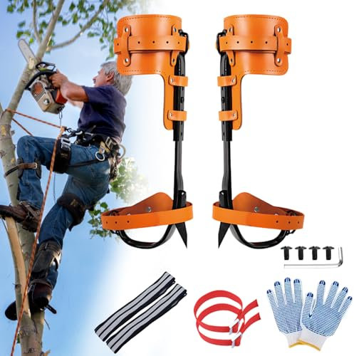 TAZZOR Steigeisen Baumklettern aus Rindsleder - Baumkletter-Steigeisen mit Handschuhe und Riemen, Baumklettern Ausrüstung, Baumsteigeisen für sicheres Klettern (#45 Steel - Single Claw)