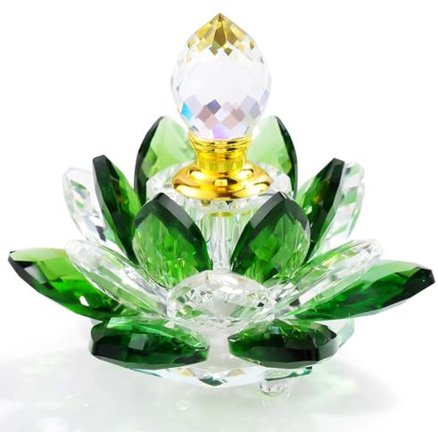 YWHL Green Crystal Lotus Perfume Bottles, Small Vintage Glass Refillable Perfume Bottle, Lotus Flower Figurines Giftsfor Wife Girlfriend, Handmade Lotus Figurines Home Decor(3ml)