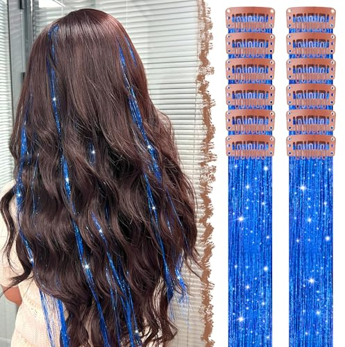 FESHFEN Clip in Hair Tinsel, 12 Stück Blau Glitzer Haarsträhnen Kit Glitzersträhnen FesteParty Haartinsel Haarverlängerungen Fairy Hair für Mädchen, 50 cm