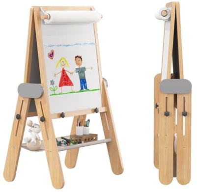 BanaSuper 3-in-1 Kinder Staffelei Magnetische Tafel & Whiteboard mit 30% Größerer Malfläche | Höhenverstellbar (90-110 cm), Klappbar & 80% Vormontiert | Kunst Staffelei für Kinder, Grau