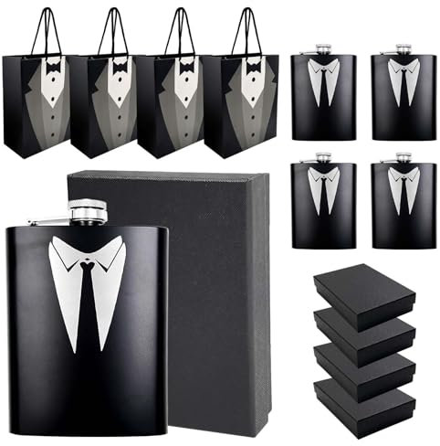 Daily Treasures Tuxedo Engraved Stainless Steel Hip Flask Set - 4Pcs Whisky Flask & Gift Boxes,8oz 18/8 Steel Groomsmen Gift Set, Leakproof Wedding Essentials for Stag Weekends & Whisky Travel Party