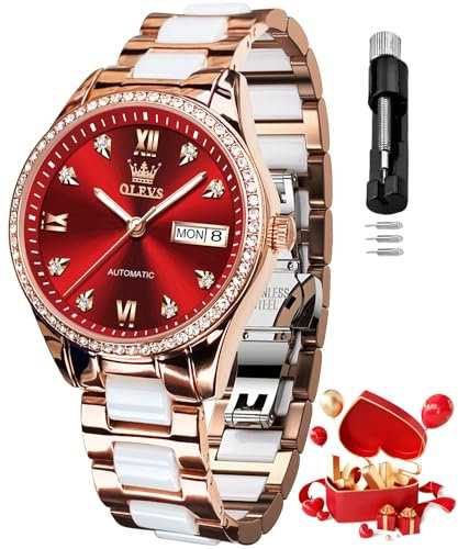 OLEVS Automatikuhr für Damen, selbstaufziehend, Diamant-Armbanduhr, luxuriöses Kleid, Roségold, Keramikuhr für Frauen, Liebe, Herz, Datum, 6637: Rot, Armband