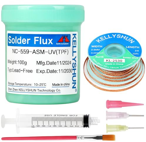 KELLYSHUN NC-559-UV Flussante,100g Flussante al Rosin Senza Piombo e Senza Pulizia (1 Pezzo),Treccia Dissaldante 2.5MM/3M (1 Pezzo),per Saldatura di Telefoni,BGA, SMD e Riparazioni di Elettrodomestici