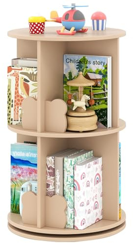COSTWAY drehrbares Bücherregal Kinder, Kinderregal mit 2 Ebenen & Hasen-Trennwänden, 360 Grad, Kinderbücherregal freistehend, Spielzeugregal für Kinderzimmer, Spielzimmer, 40 x 40 x 65cm (Kaffee)