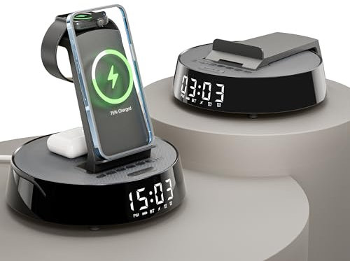 Wireless Charger iphone, Radio Alarm Clock with Wireless Charging Station, Bluetooth Speaker with Dimmable Night Light, 18W Fast Charger Stand for iPhone and Samsung, Apple Watch, AirPods