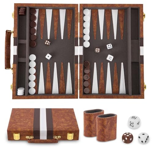 Backgammon Set, Travel Portable Traditional Board Game with Premium Leather Case, 11 inch 2 players Classic Handcrafted Wooden Tactical Board Strategy Game for Adults and Kids