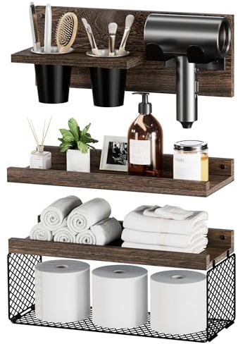 Puricon Floating Bathroom Shelves with Hair Dryer Holder, 3-Tier Rustic Wood Wall Mounted Organizers Set, Space Saving Over-Toilet Storage and Home Decor Hanging Rack -Dark Brown