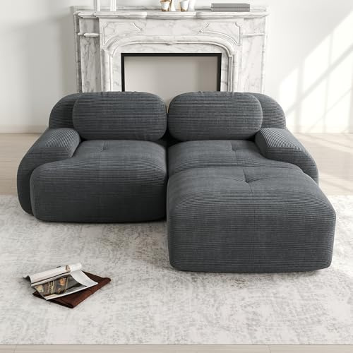 Ligterra Modulares 2 Sitzer Sofa aus Cordstoff, Ecksofa, Boneless Couch mit 1 Ottomane, Compressed Sofa, Ohne Montage & Rutschfester Unterseite, frei Kombinierbar, 208×178×75cm (Grau)