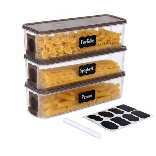 Punorric Pasta Storage Containers - 3Pack Pasta Jars with Side Open Clips, Wide Stackable Pantry Storage Containers,Clear Plastic Kitchen Storage Jars for Pasta, Long Noodles, Dry Foods