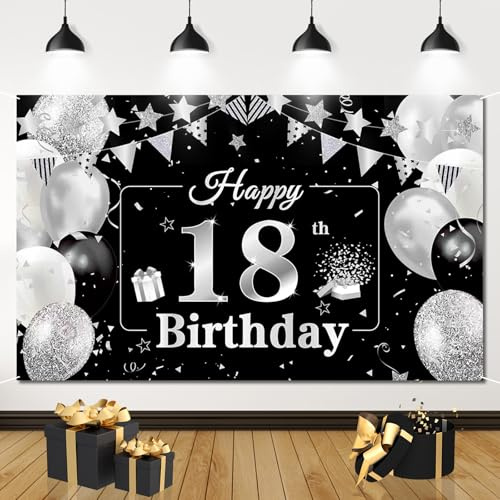 18. Geburtstag Banner Schwarz Silber, Stoffbanner 180 x 110 cm | Hochwertiges Stoffbanner 180 x 110 cm, festliche Hintergrunddeko für 18. Geburtstagspartys und Fotos