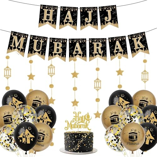 Hajj Mubarak Deko (M), Set Schwarz Gold – Wimpelkette Stern/Laternen-Girlanden (Banner + Ballons + Girlanden + Cake Topper), islamische Party Deko für Zuhause (Hajj M)