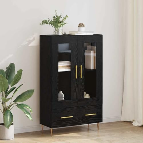 Foknhdi Highboard Schwarz Eichenoptik 69,5x31x115 cm aus Engineered Wood mit Glasfront Modernes Sideboard für Wohnzimmer Esszimmer Flur Grosse Stauraumlösung