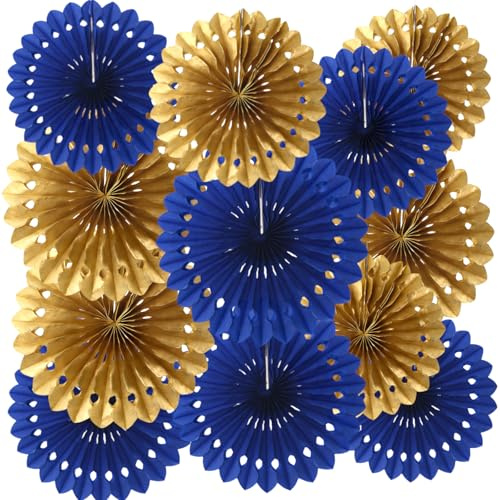 We Moment Zone 12 Stück Blau Gold Papier Fächer Deko,Papierfächer Hängend Girlande Blau Gold Party Deko Set für Hochzeit Geburtstag Baby Shower Party Backdrop