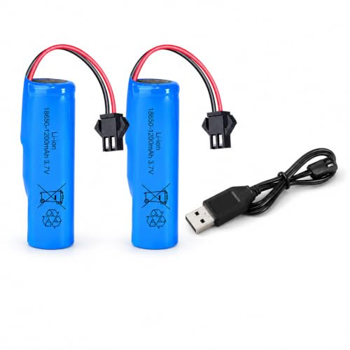 Akku 3.7V Li-Ion Battery, 2 Stück 1200mAh Akku, SM-2P Stecker mit USB-Ladekabel Rc Autos, Batterie für Rc Trucks, Bazooka Rakete Seifenblasenpistole Batterie Bubble Gun Roboter