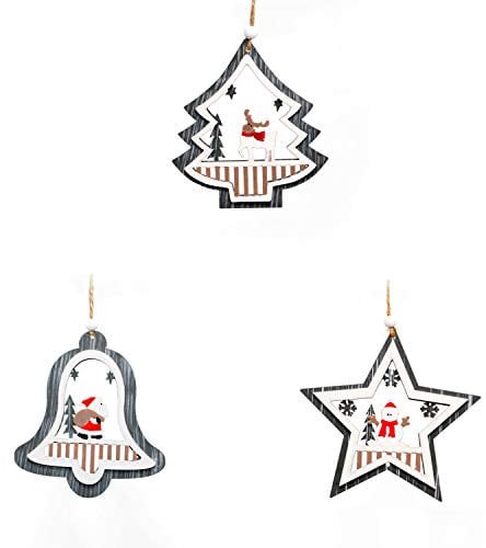 SHATCHI Christmas Tree Ornaments Grey Wooden Aesthetic Hanging Decorations set of 3 pcs Xmas DIY Holiday Home Décor – 1 Star, 1 Bell, 1 Tree Shape pieces(12cm)