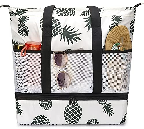 Octsky Strandtasche Damen Große Wasserdichte Strandtasche mit Kühler Strandtaschen Wasserdicht Sanddicht Top Reißverschluss Schwimmen Pool Tasche, #Ananas-1 (Ananas-, Large