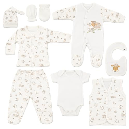 Blue Eyes Baby Geschenkset 8-teilig aus 100% natürliche Baumwolle – Neugeborenen Erstausstattung für Jungen und Mädchen Unisex Kleidung 0–4 Monate (Lamm)