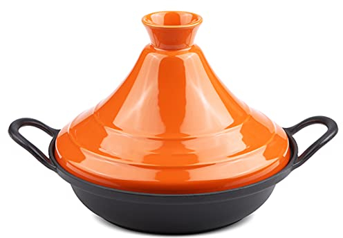 Ceramic Casserole Tagine Pot - Home Moroccan Slow Cooker Pot with Enameled Cast Iron & Lid for Cooking and Stew,Orange