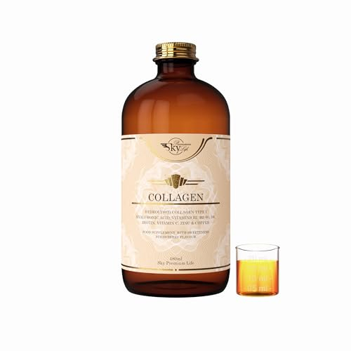 Sky Premium Life Hydrolyzed Liquid Marine Collagen Peptides | Hyaluronic Acid, Essential Vitamins & Minerals | Skin, Hair, Nails, Joints & Muscles | Strawberry Flavour | 8000mg, 480ml