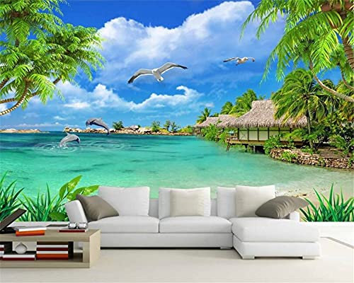 MUMUWUSG Fond D'Écran Photo Effet 3D Bleu Ciel Plage Plantes Papier Peint Panoramique 3D Tapisserie Intissé Murales Poster Décoration Murale Effet Trompe Loeil 140X70Cm