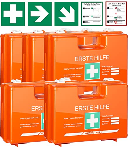 5x Erste Hilfe Kasten mit Inhalt nach neuer DIN 13157:2021 | Verbandskasten inkl. praktischer Wandhalterung, 5x Aufkleber & Plombe