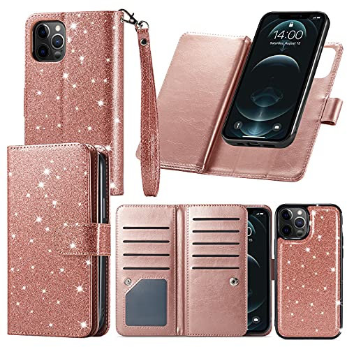 Varikke for iPhone 11 Wallet Case Detachable with 9-Card Holder for Women, Fashion Glitter PU Leather Wrist Strap Strong Magnetic Flip Wallet Removable Phone Case Cover for iPhone 11 6.1, Rose Gold